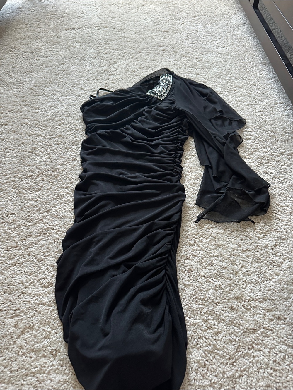 City Triangles Black One-Shoulder Ruched Dress with Embellished Neckline